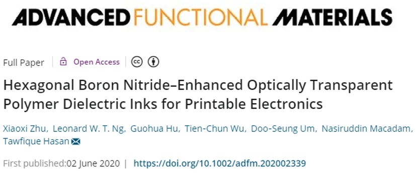 《AFM》六方氮化硼增強(qiáng)的光學(xué)透明聚合物電介質(zhì)油墨，可用于印刷電子