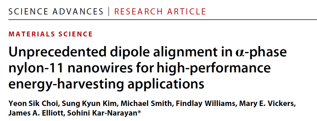 《Science》子刊：能量收集新突破！偶極子高度有序的α相尼龍-11納米線