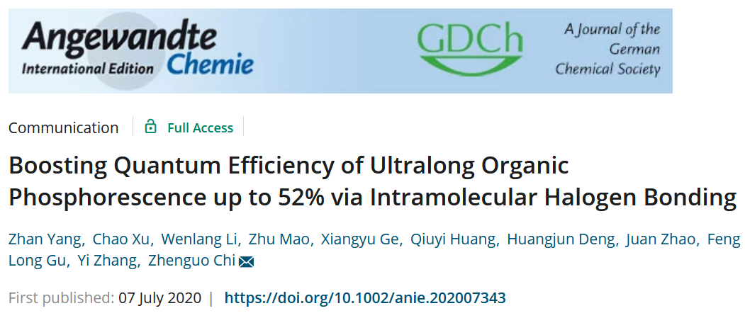 中山大學(xué)《Angew》：量子效率52%！超長有機(jī)磷光材料量子效率再獲突破